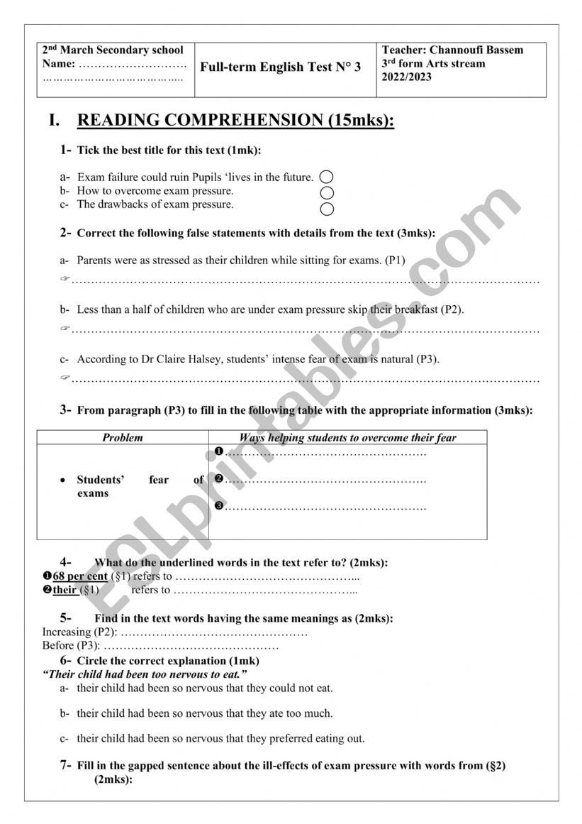Full-term English Test N° 2 arts