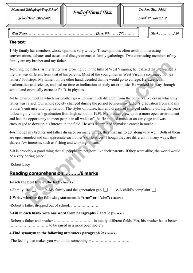 full term 1 test for 9th formers