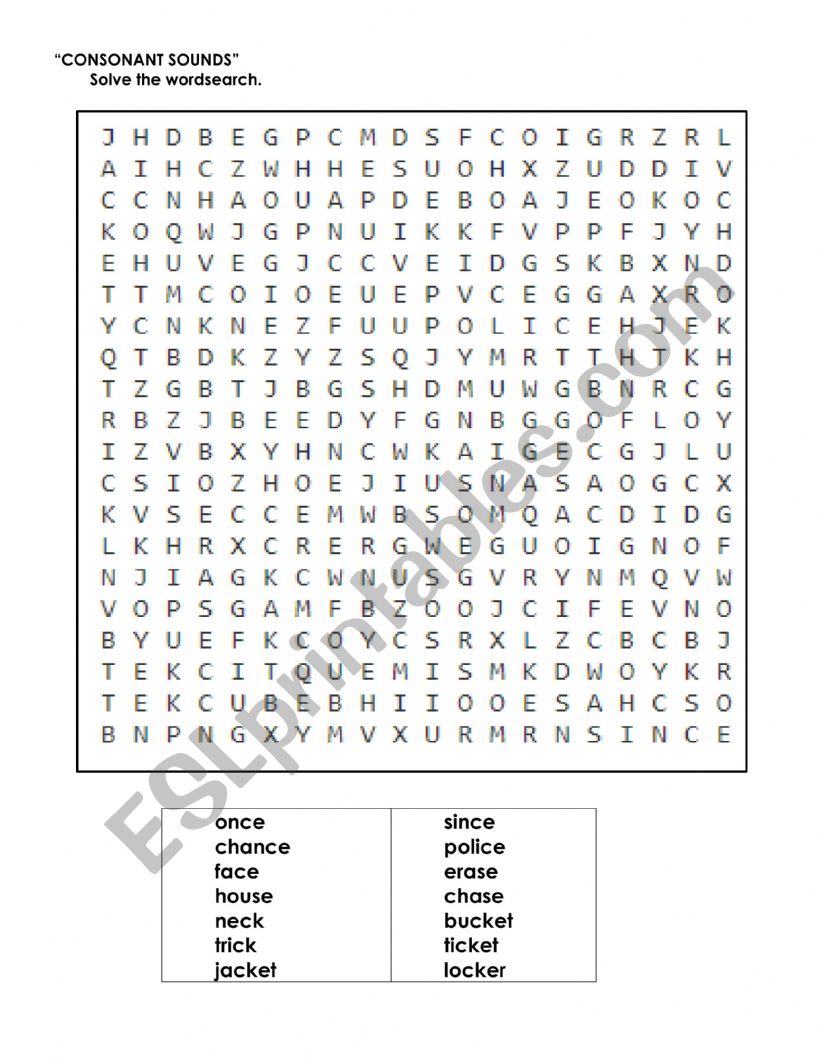 Wordearch consonants worksheet