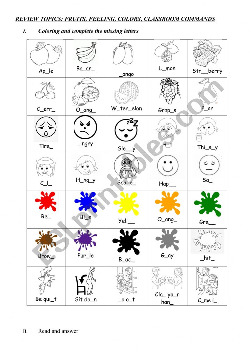 review colors, feeling, fruits, classroom command