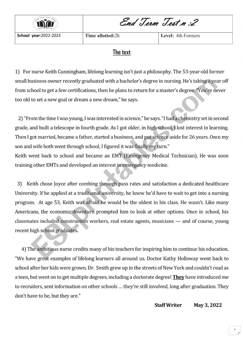 End of Term Test no2  worksheet
