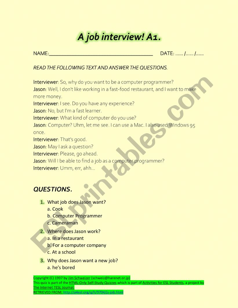 JOB INTERVIEW -SIMPLE PRESENT worksheet