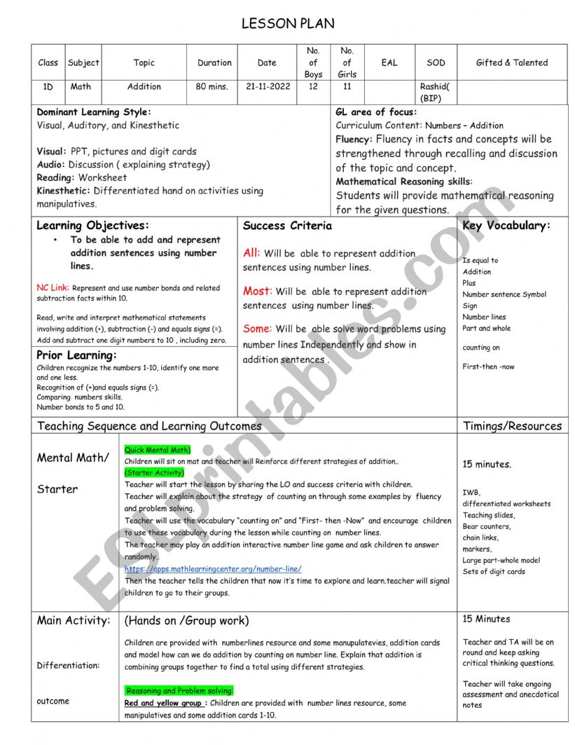 Lesson plan Literacy worksheet