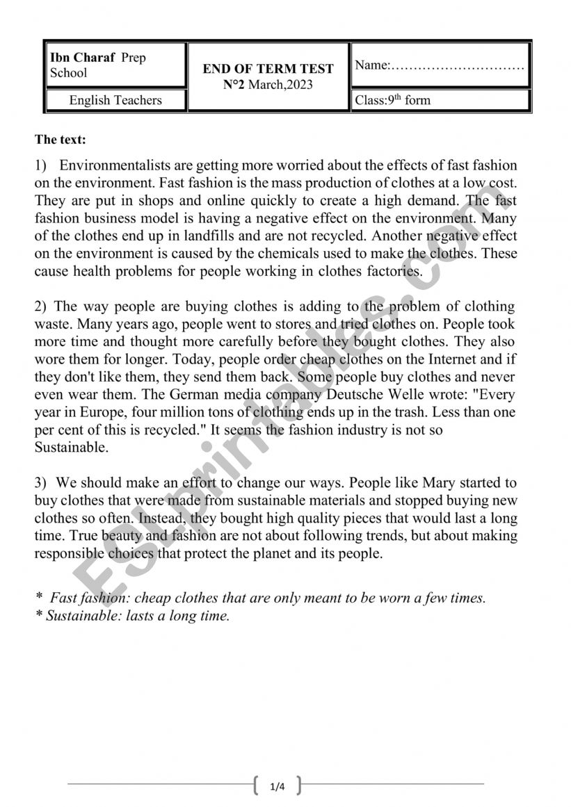 end of term 2 test 9th form worksheet
