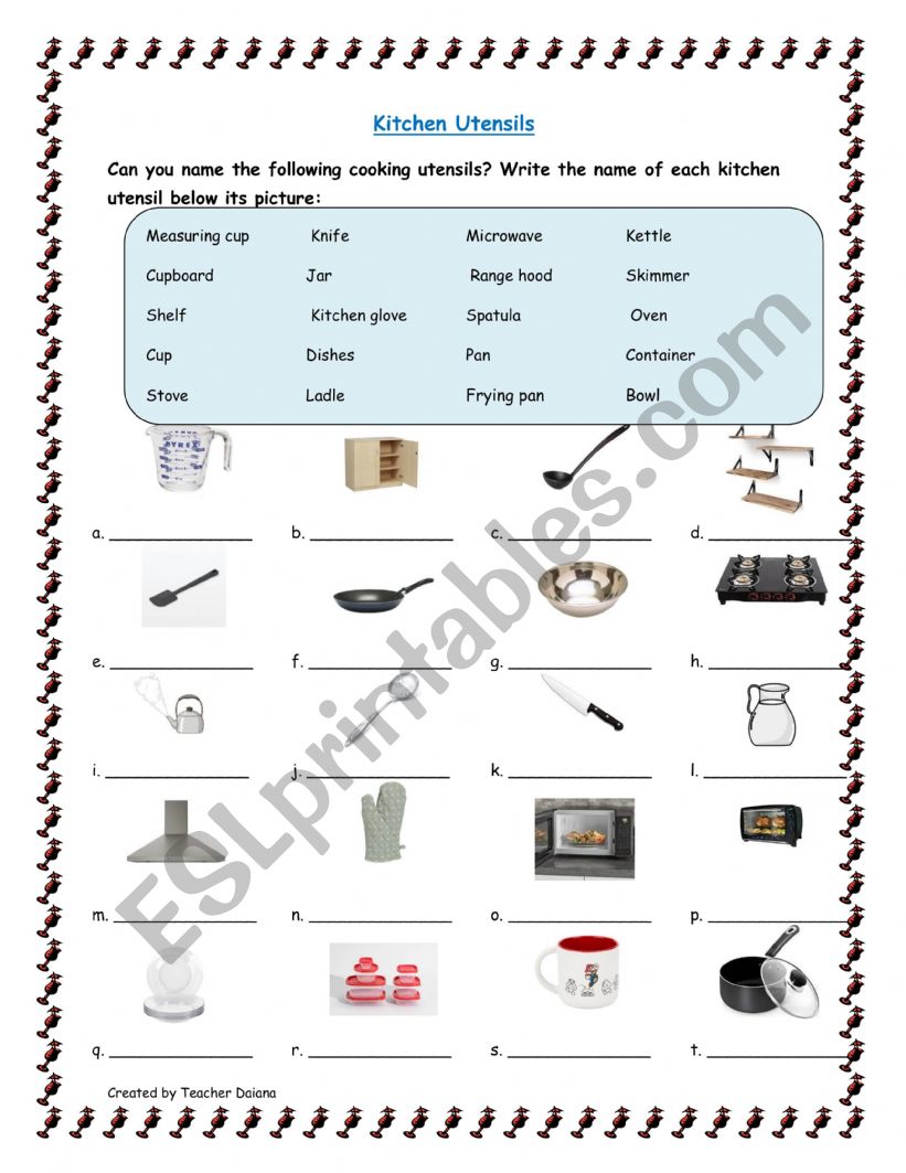 Kitchen worksheet