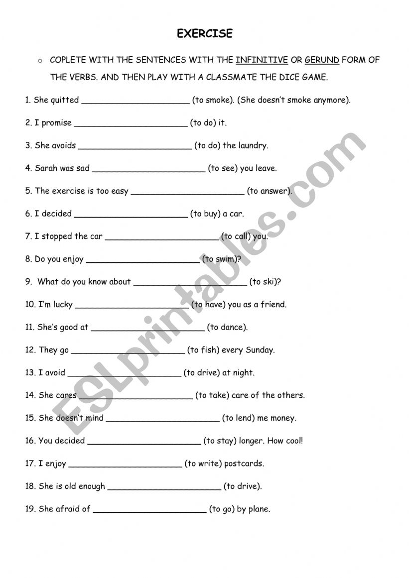 Gerund and infinitive worksheet