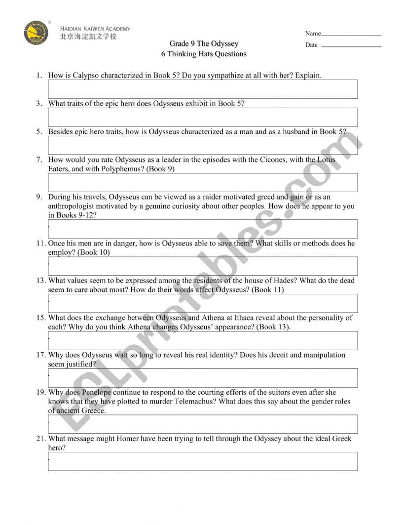 6 Thinking Hats� Questions worksheet