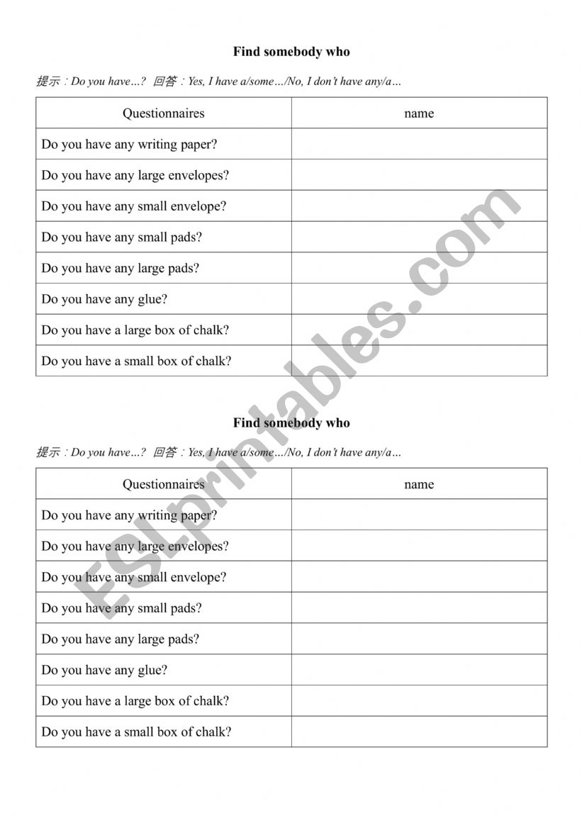Find somebody who worksheet