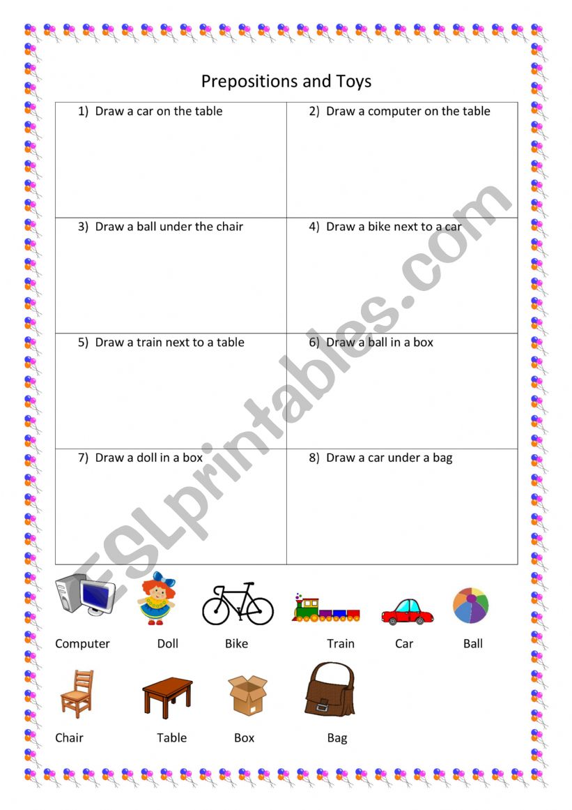 Prepostions of place and toys worksheet