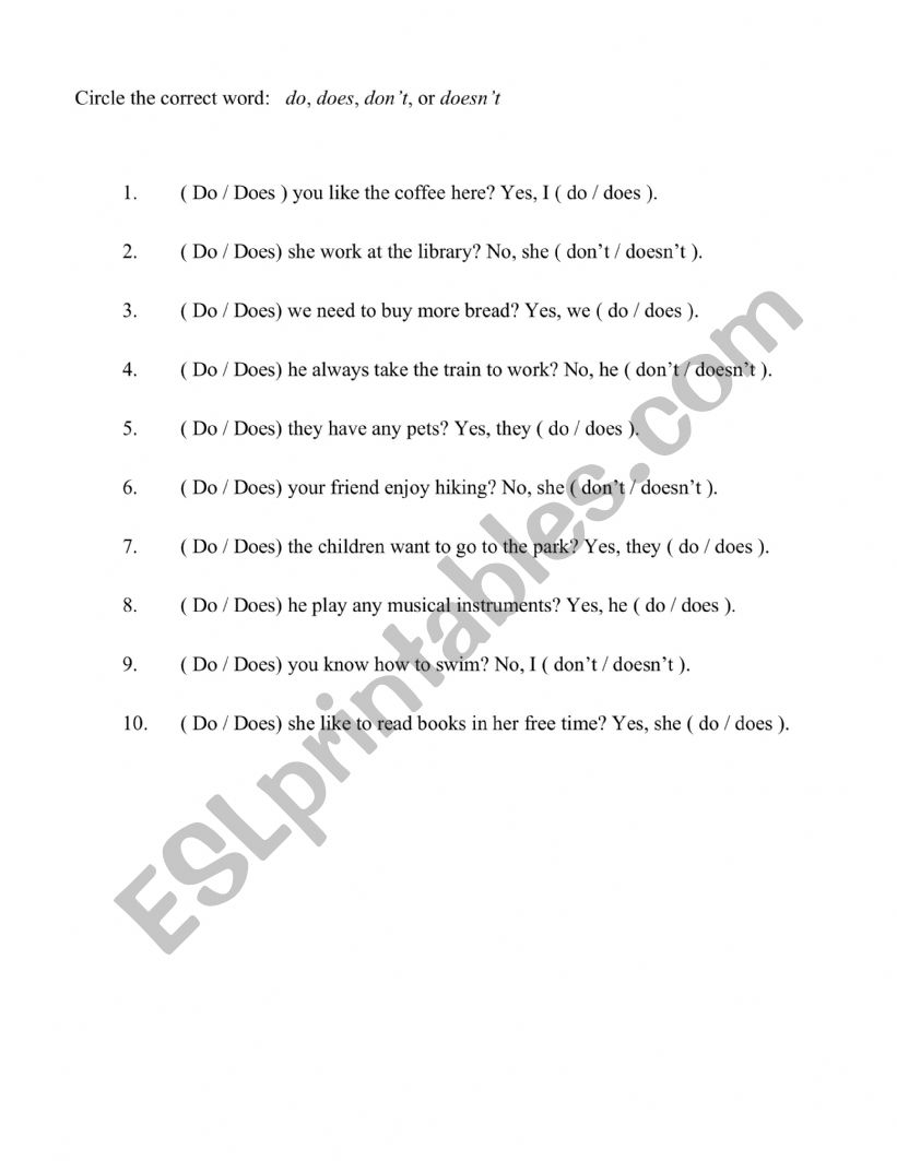 Do/Don�t/Does/Doesn�t worksheet
