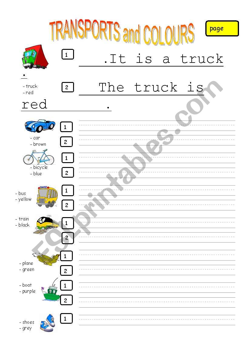 Transports and colours worksheet
