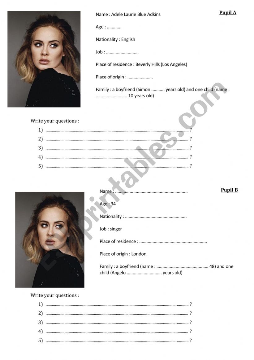 Pairwork ADELE worksheet