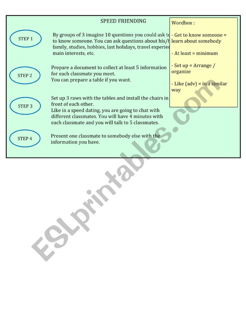 Speed friending activity worksheet