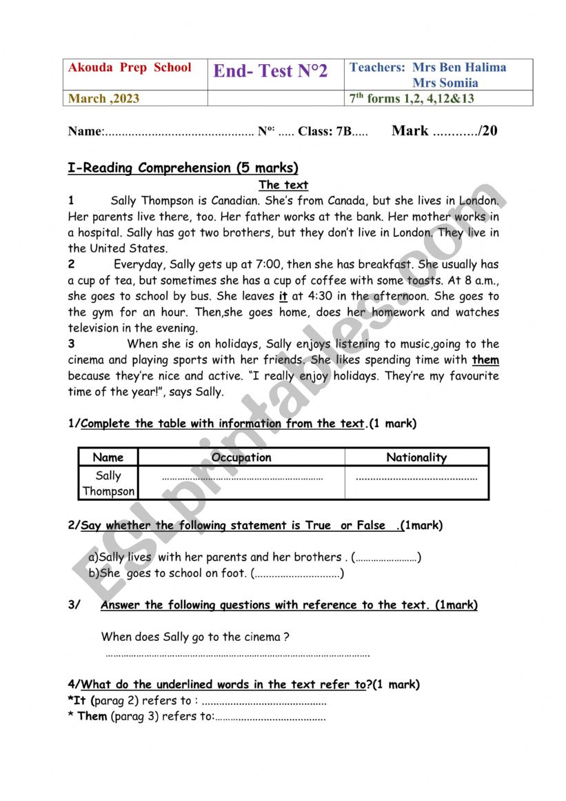 End of Test 2 7th Form 2023 worksheet
