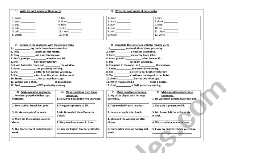simple past+ body parts worksheet