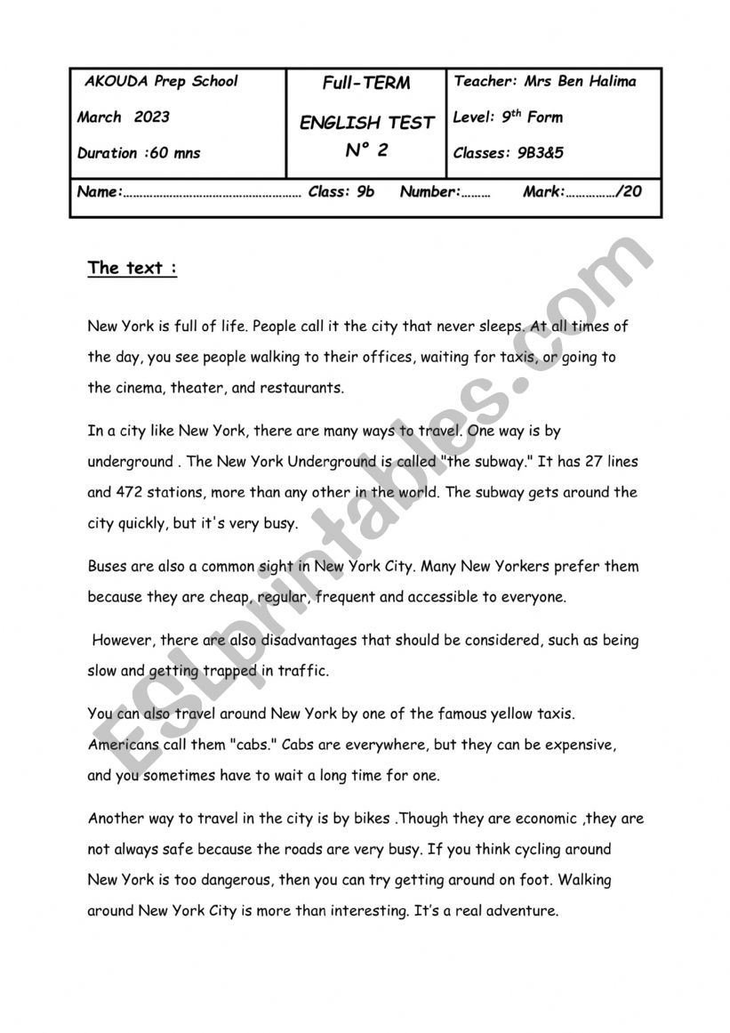 End of Test N2 for 9th Form 2023