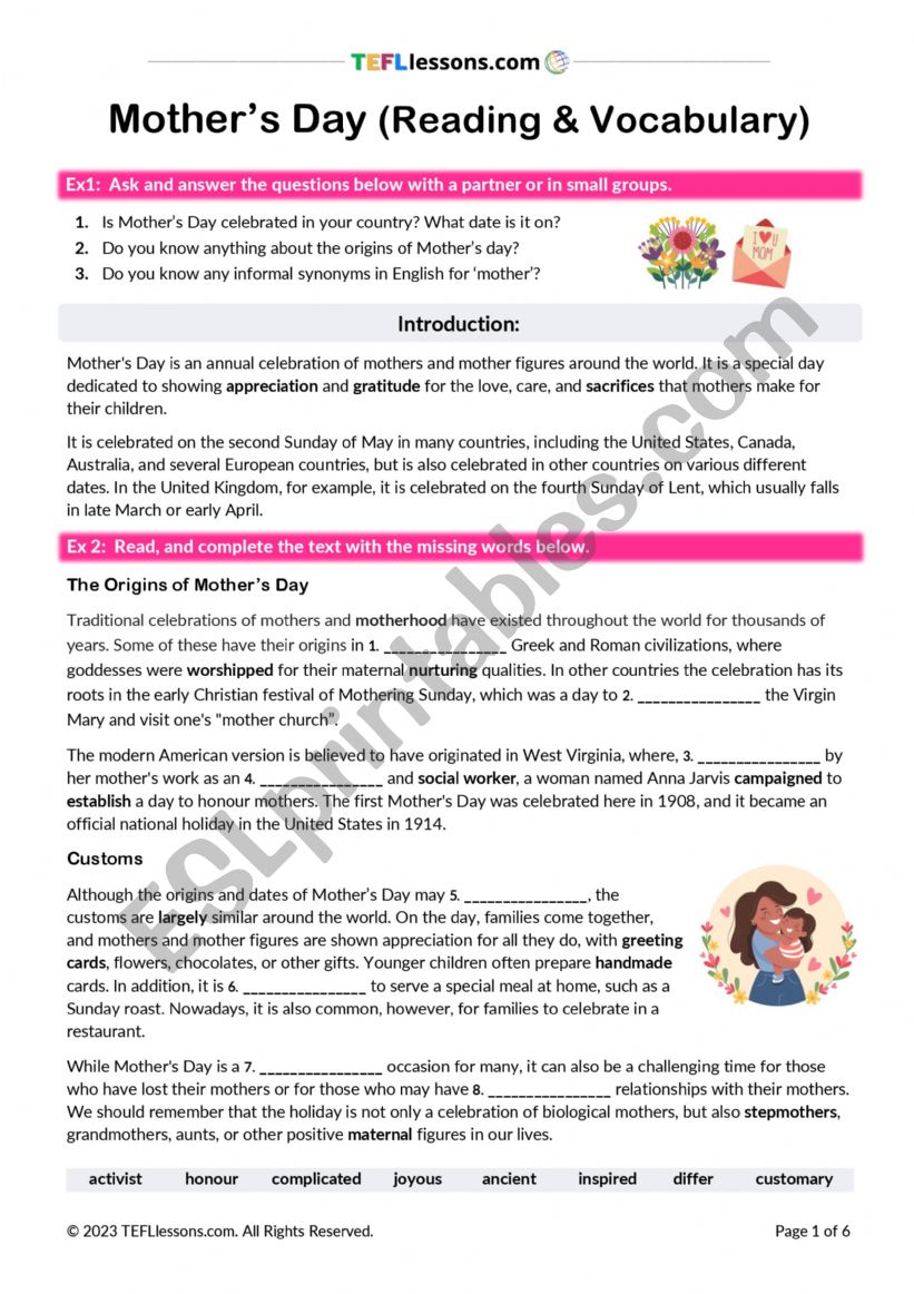 Mother�s Day Reading worksheet