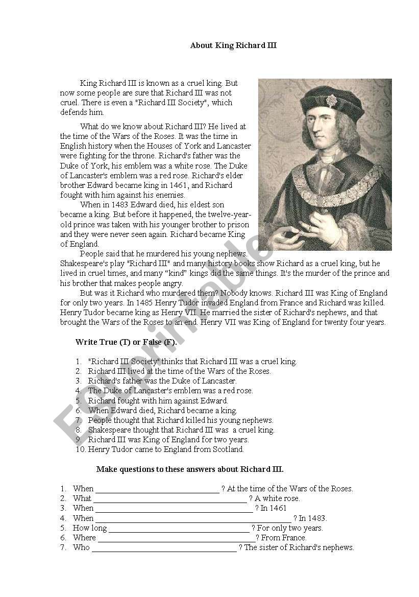 About King Richard III worksheet