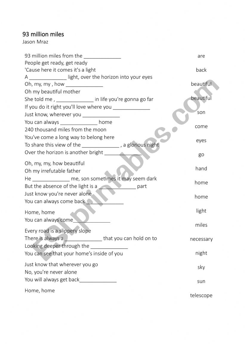 93 million miles _ Jason Mraz worksheet