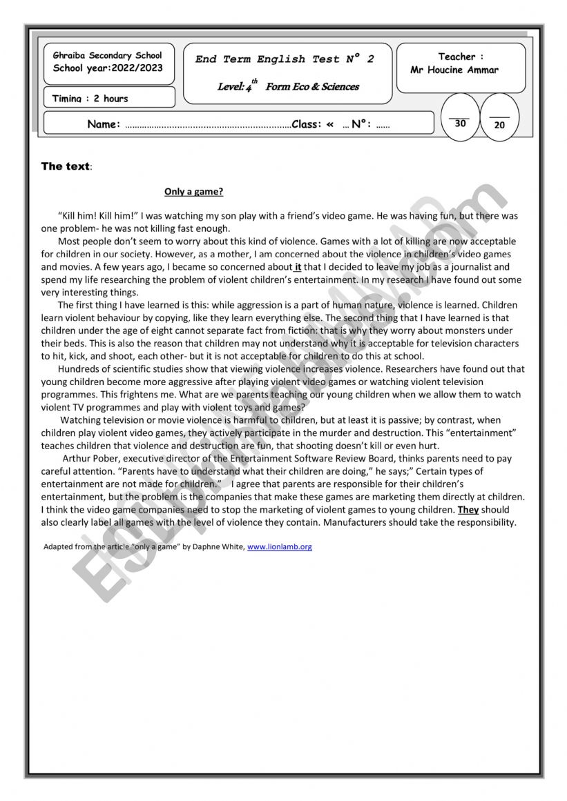 End term 2 English test 4th year