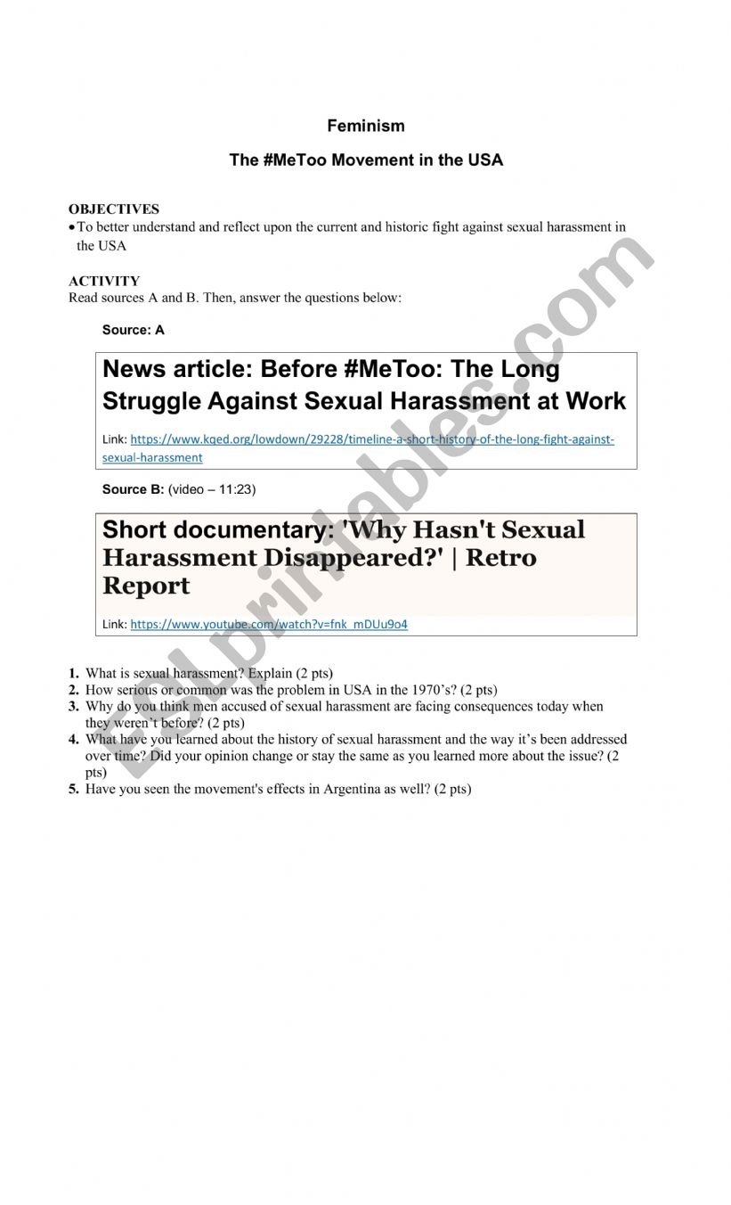 The Metoo movement in the USA worksheet