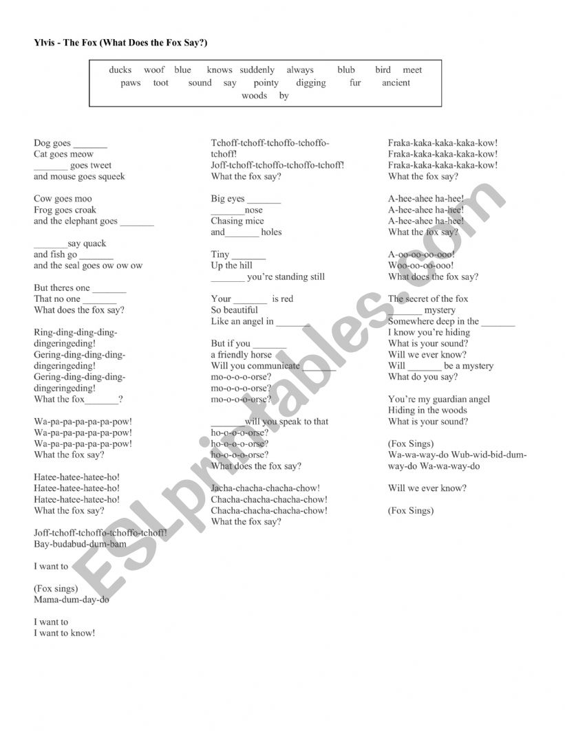 Song What does the fox say worksheet