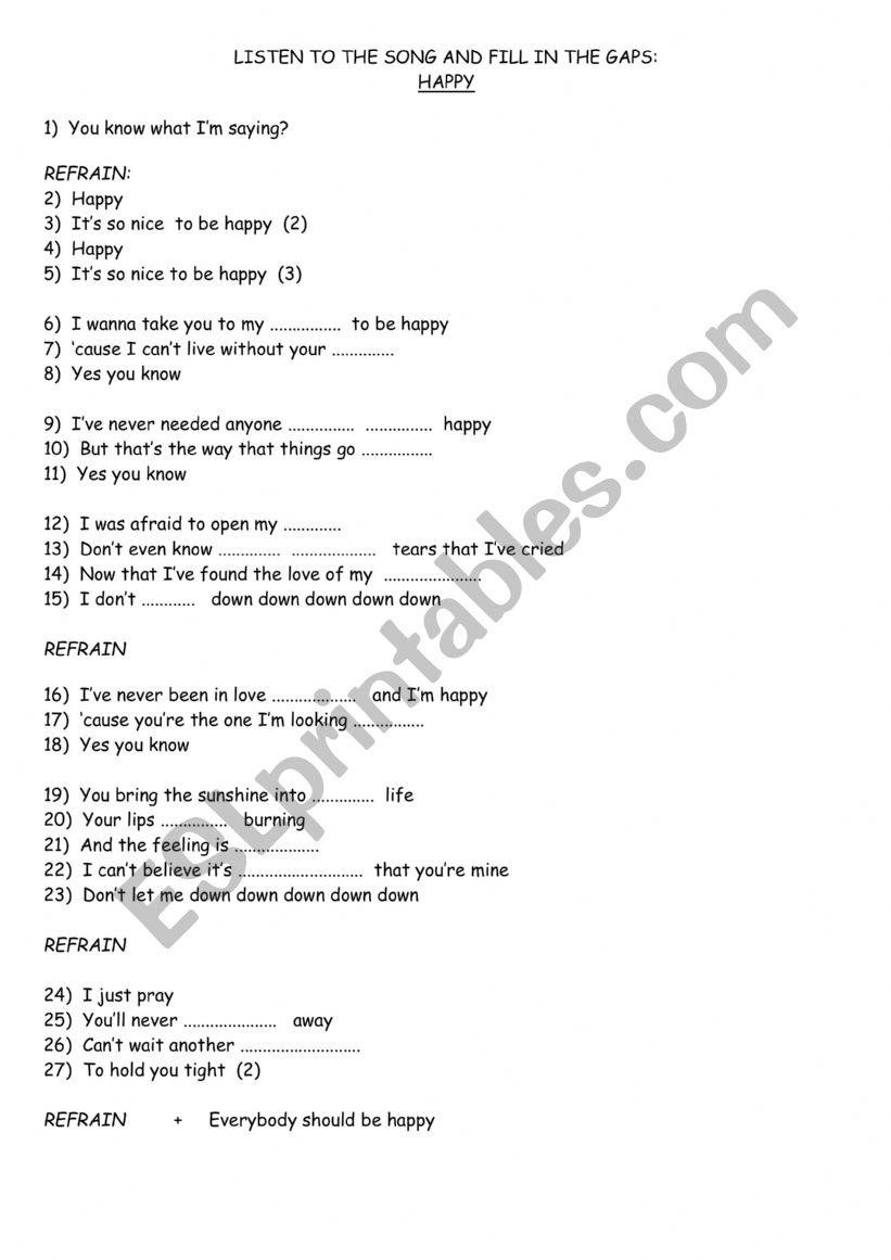 SONG - HAPPY worksheet