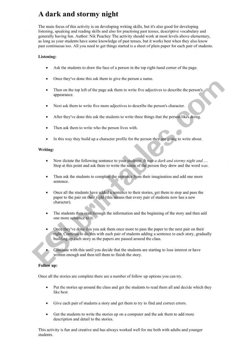 A dark and stormy night worksheet