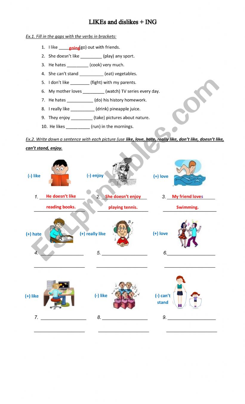 Likes and dislikes + ing verb worksheet