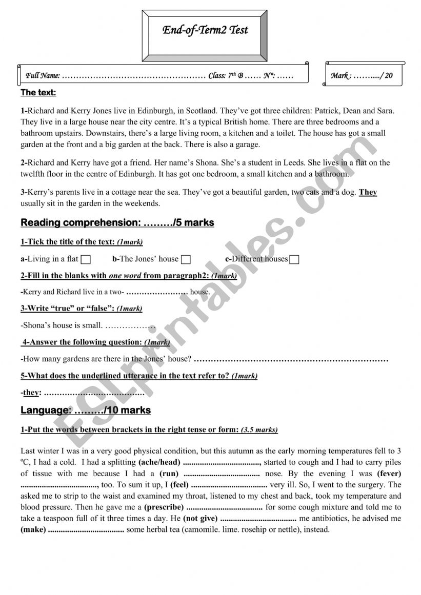 end of term2 test worksheet