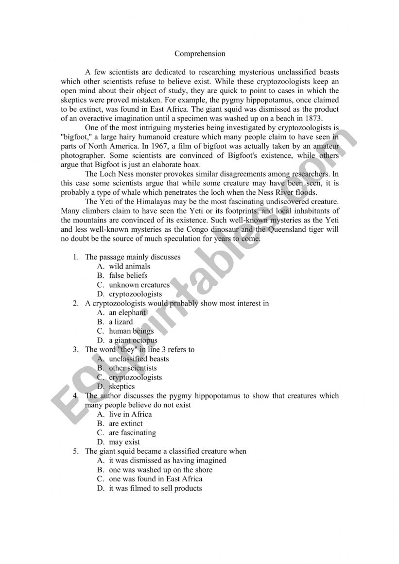 bigfoot worksheet