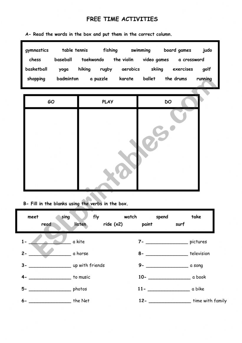 Free Time Activities worksheet