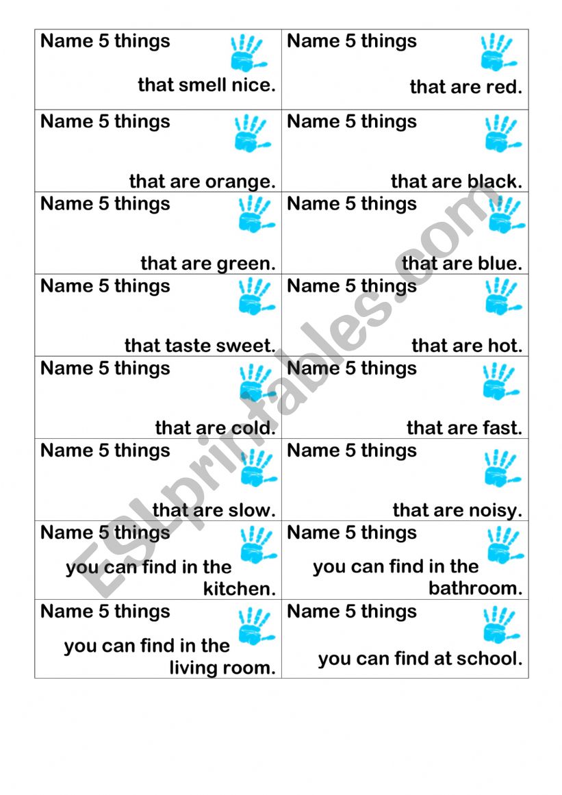 GAME - Name 5 things  worksheet