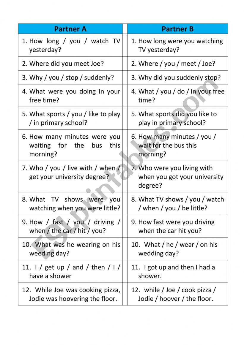 Past continuous past simple partner exercise