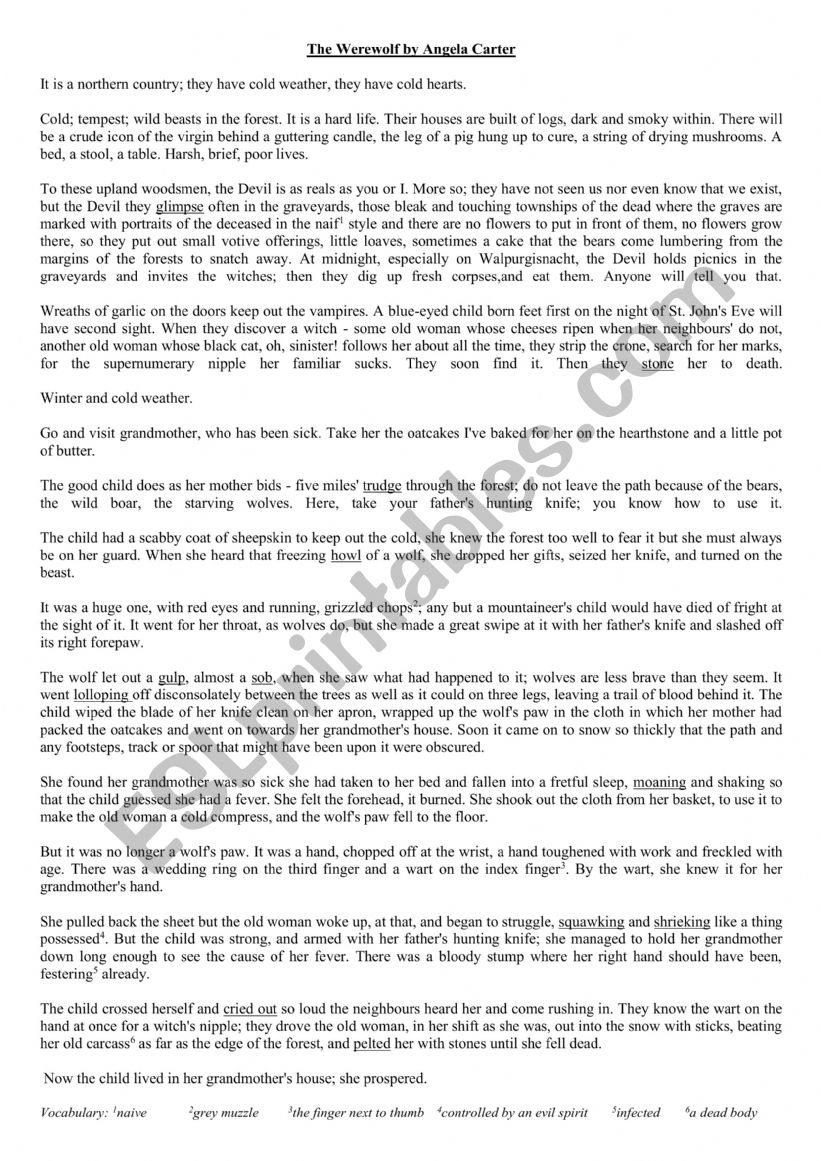 Worksheet for the Werewolf by Angela Carter