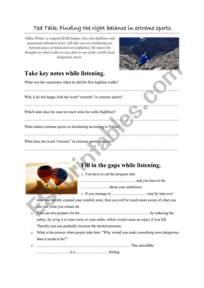 Extreme sports worksheet