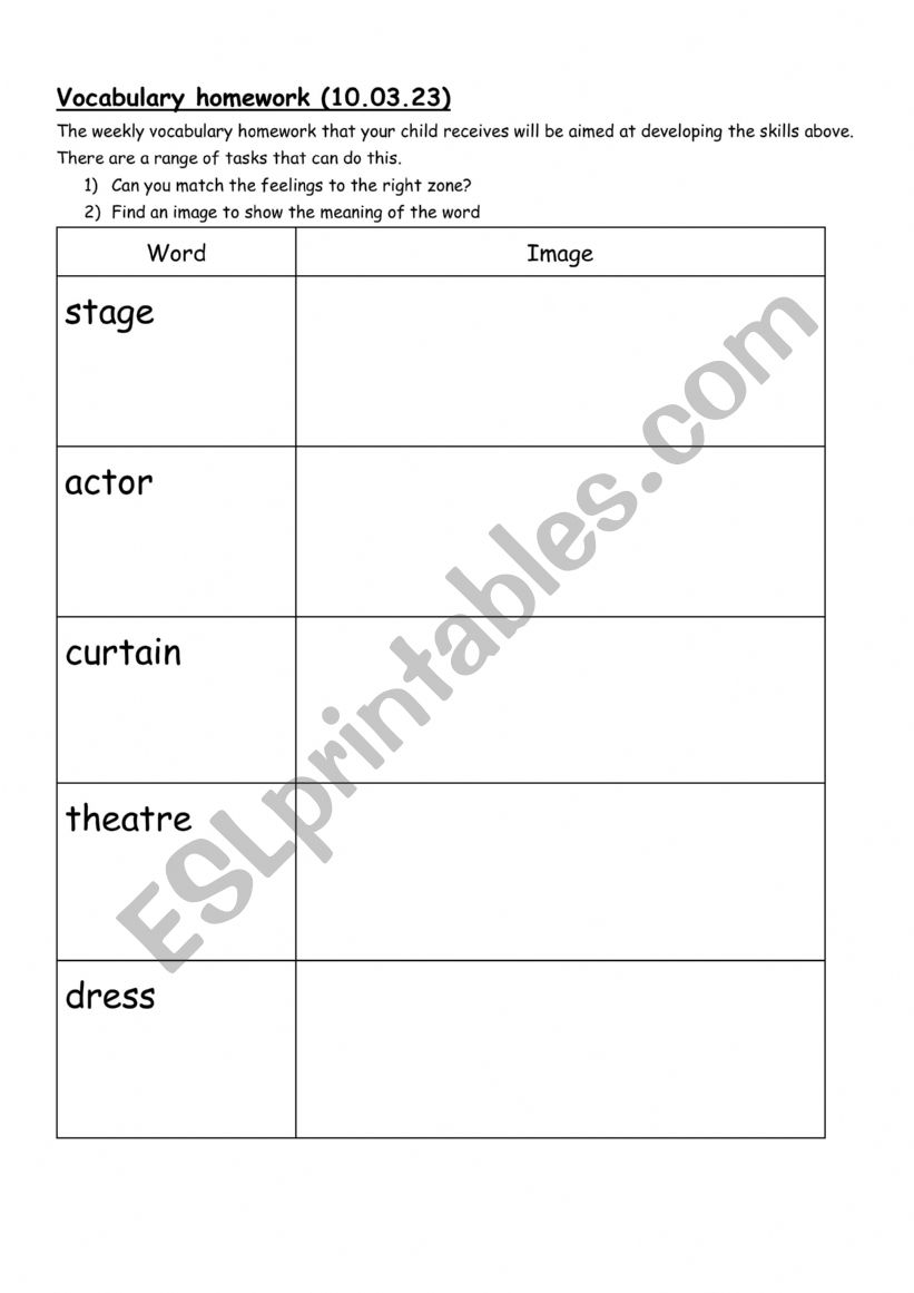 Theatre vocabulary worksheet