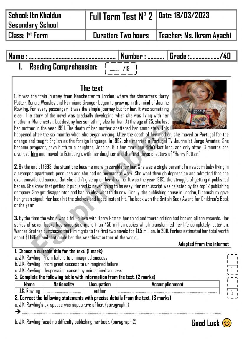 1st Form - Full Term Test n° 2 - ESL worksheet by English Teacher 24