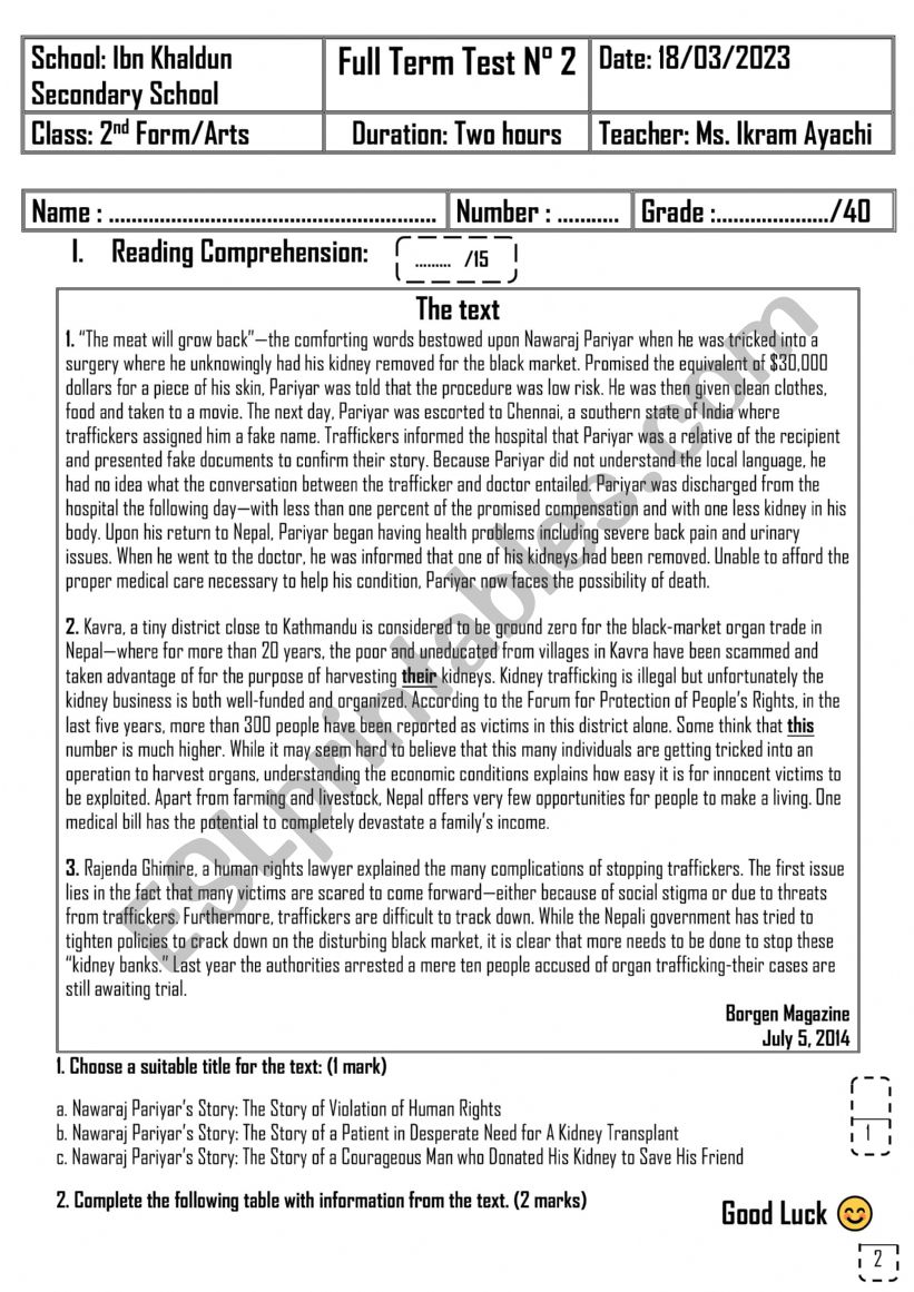 2nd Form - Arts - Full Term Test n 2