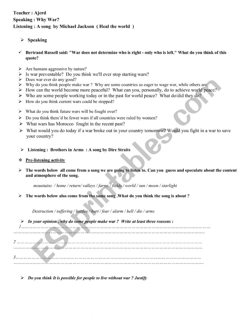 War  worksheet