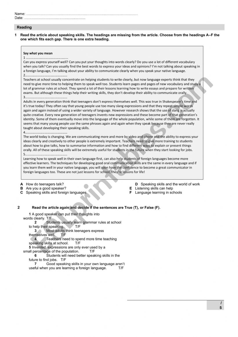 Reading comprehension and tense revision