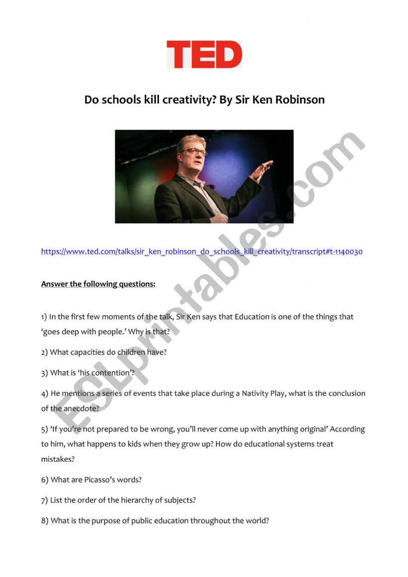 Schools Kill Creativity - Worksheet for Sir Ken RobinsonÃ¯Â¿Â½s famous TED talk