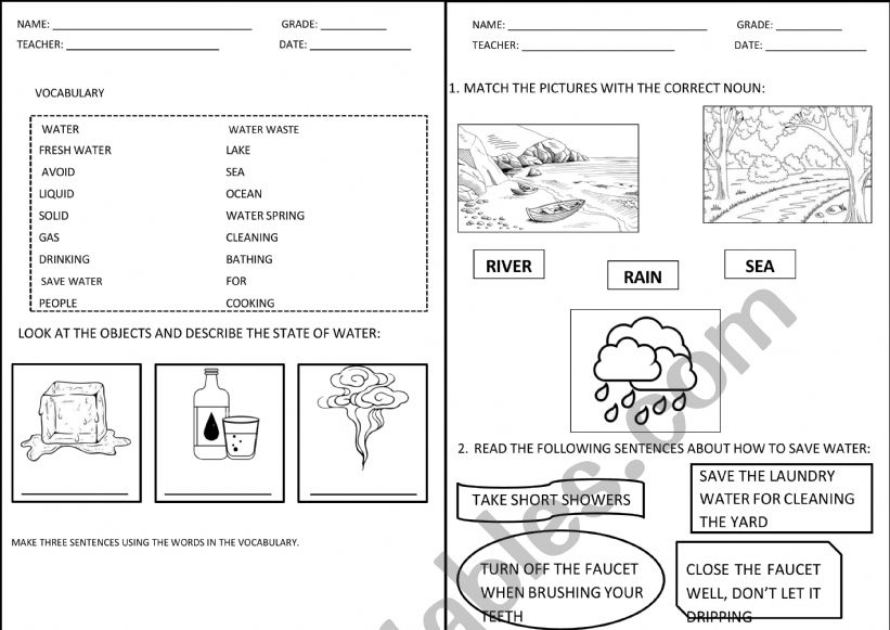 Ways to save water worksheet