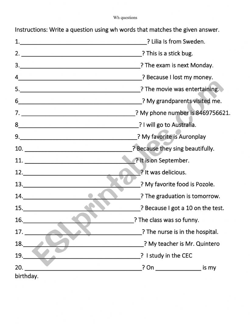 Writing wh questions worksheet