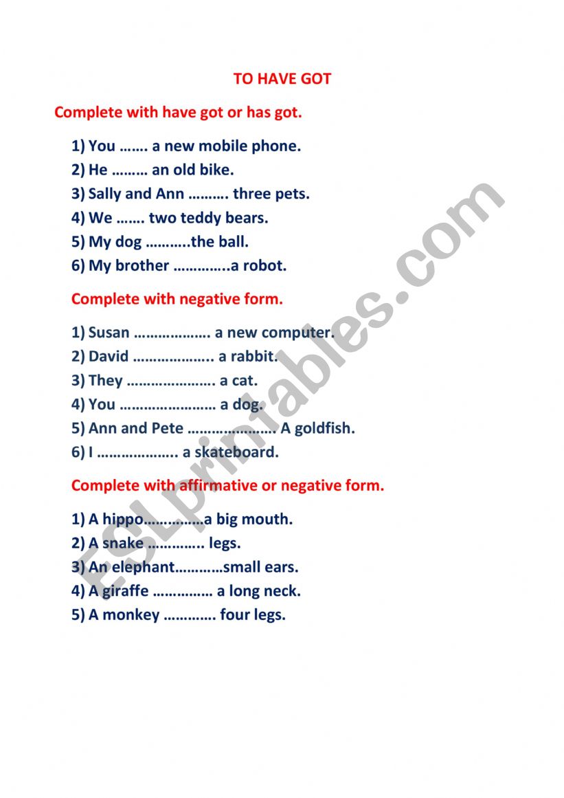 verb to have got - exercises worksheet