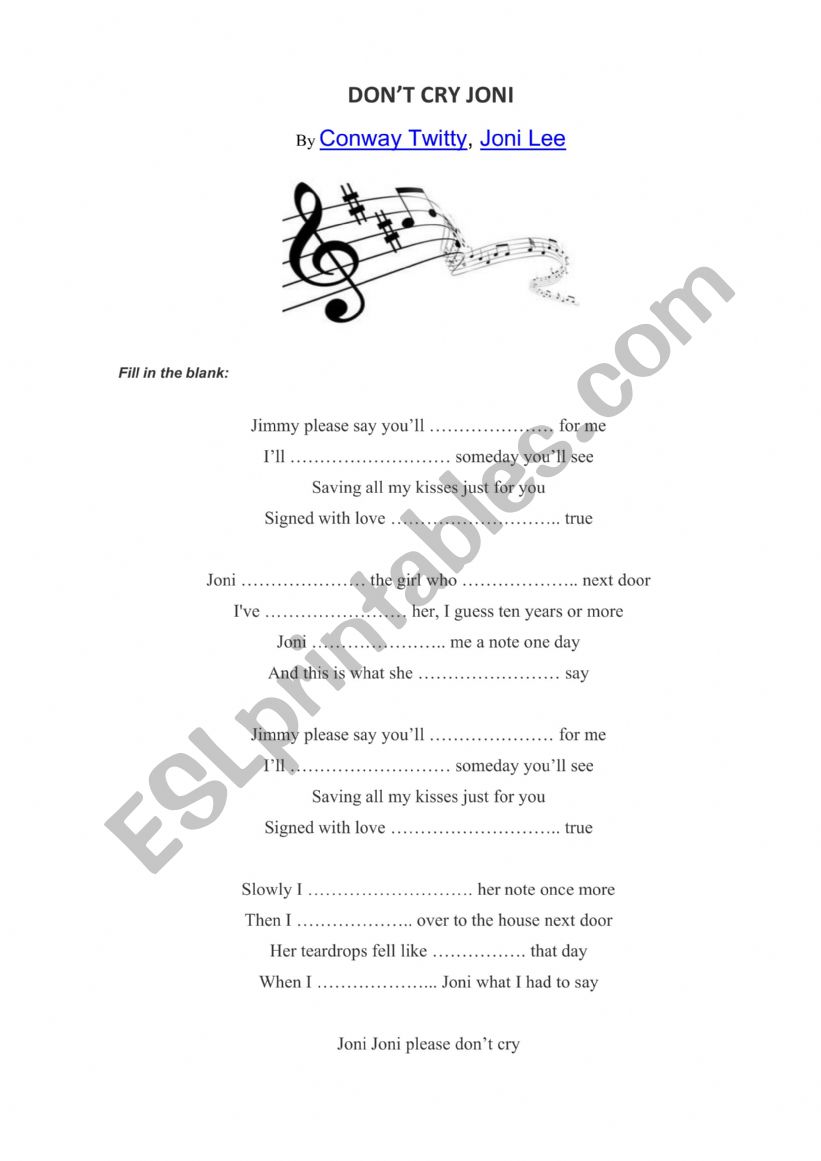 DonÃ¯Â¿Â½t cry Joni- Song worksheet