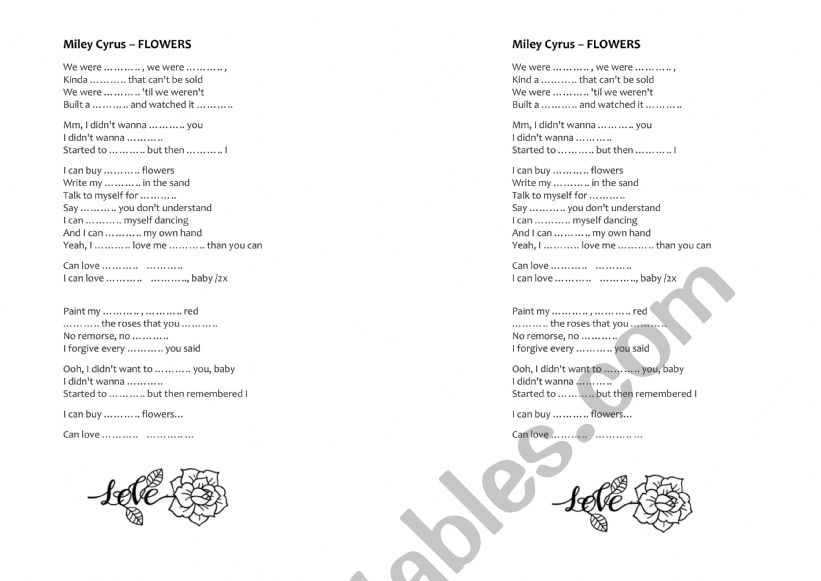 Miley Cyrus - Flowers a song worksheet