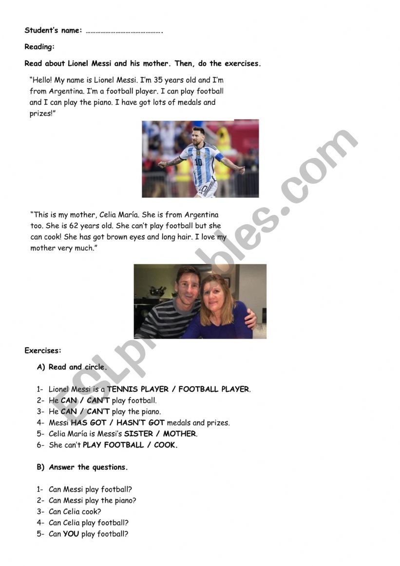 Reading: Messi and his Mother worksheet