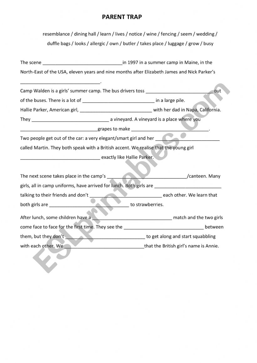 Parent trap gapfill worksheet