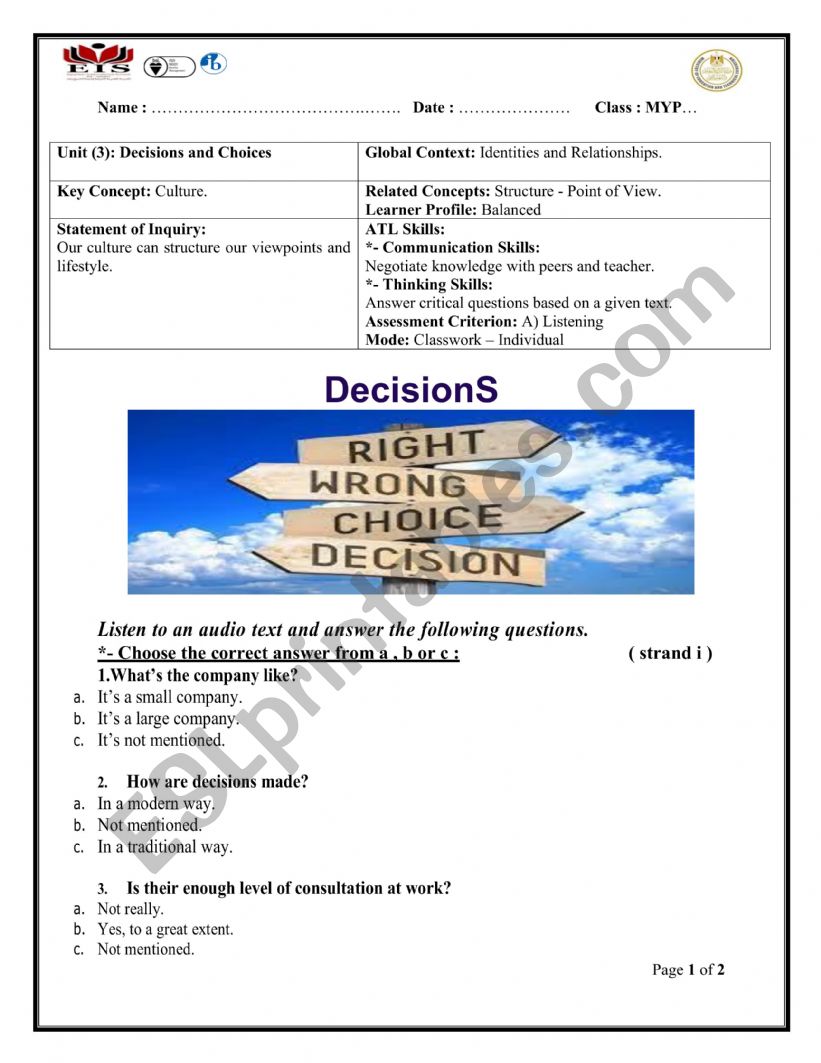 listening worksheet